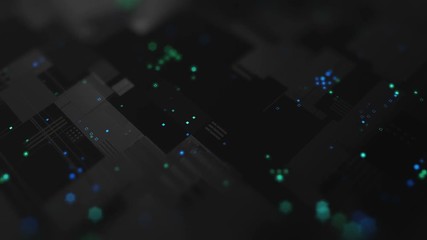 Poster - abstract high tech digital technology background made of particles and metallic plates. 3d animation