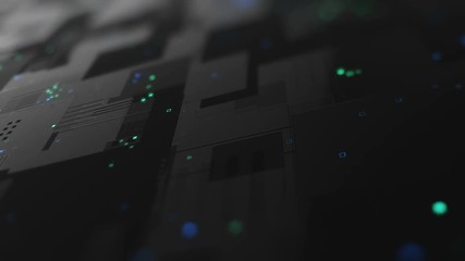 Poster - Abstract high tech digital technology background made of particles and metallic plates.  3D animation of seamless loop.
