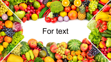 Sticker - Frame of vegetables and fruits on white background. Copy space.