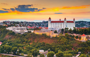 Amazing view on Bratislava castle and Slovak Parliament over Danube river in the historical center of Bratislava,Slovakia