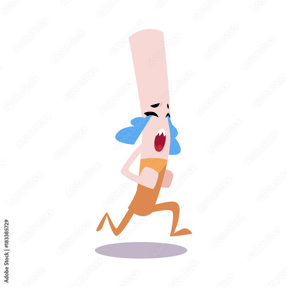 Evil cigarette monster crying, running away in tears, smoking danger,  cartoon vector illustration isolated on white background. Comic  illustration of cigarette monster running and shedding tears Stock Vector