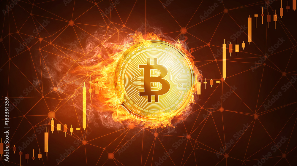 Golden bitcoin coin in fire with bull trading stock chart. Bitcoin Gold and Cash lightning blockchain hard fork concept. Cryptocurrency coin illustration on polygon peer to peer network background.