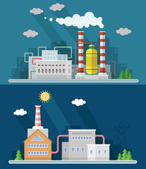 Wall Mural - Industrial landscape set. The nuclear power plant and factory on the background of the city. Vector flat illustration