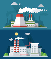 Wall Mural - Industrial landscape set. The nuclear power plant and factory on the background of the city. Vector flat illustration