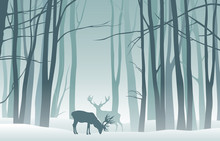 Vector Misty Winter Landscape With Silhouettes Of Trees And Deer