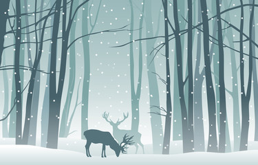 Wall Mural - vector winter landscape with blue silhouettes of trees in the forest and deer with falling snow