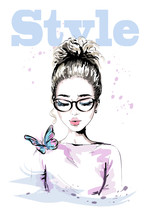 Hand Drawn Beautiful Young Woman With Colorful Butterfly. Fashion Woman With Stylish Hairstyle. Cute Girl In Eyeglasses. Sketch.