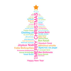 Wall Mural - Merry Christmas and Happy New Year in different languages in the shape of Christmas three, celebration word tag cloud greeting card, vector art