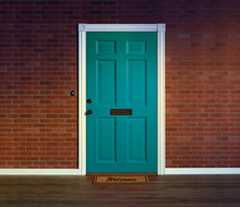 Bright Blue Front Door And Welcome Mat With Wood Porch Floor.