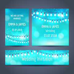 Wall Mural - Set of invitation cards with christmas garlands on blue backdrop, vector illustration