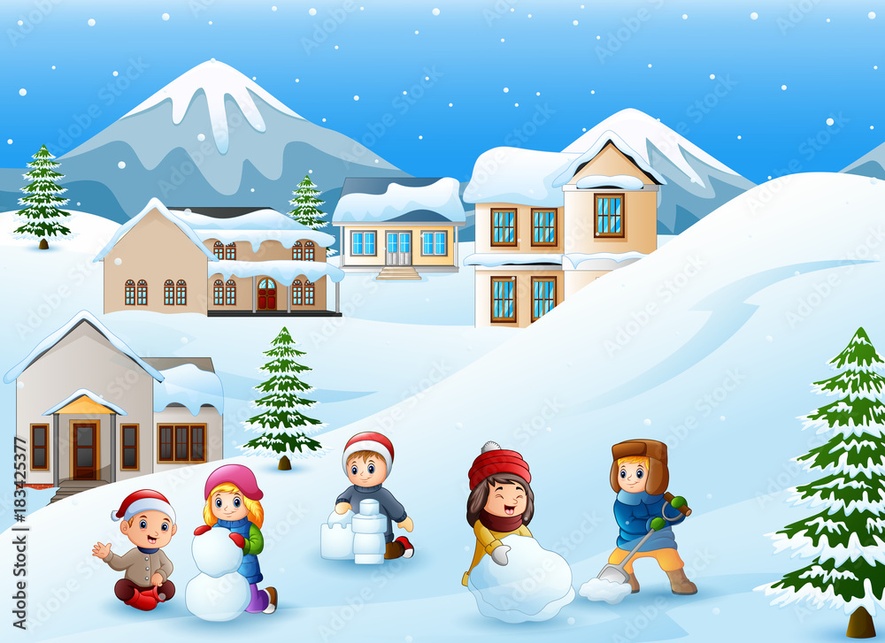 Snow Fun Cartoon Cartoon kids playing in the snow Stock Vector | Adobe Stock
