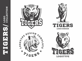 Wall Mural - tigers black and white - logo, icon, illustration collection on white background