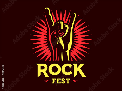 Dekoracja na wymiar  gest-znaku-rocka-na-festiwal-muzyczny-logo-ilustracja-na-ciemnym-tle