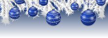 Christmas Tree White Branches With Blue Balls. Holidays Baubles Decoration Banner. Vector