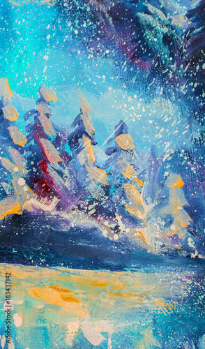 Fairy Forest Christmas Big Snowy Fir Trees Against Background Of Blue Sky Original Oil Painting Illustration Beautiful Abstract Fairy Winter Forest On Canvas