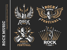 Rock Music Festival Logo, Emblem And Print Collections On A Dark Background