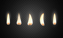 Set Of Fire Flame. Realistic Candle Flame Isolated On Black Background.