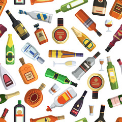 Poster - Illustrations for textile production. Seamless pattern with colored alcoholic bottles and glasses