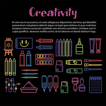 Kids creativity poster of art and drawing tools for children creative design education.