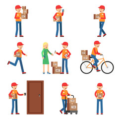 Poster - Delivery worker in different action poses. Man holding box or package. Vector characters