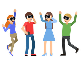 Poster - Funny people playing in video games in helmet of virtual reality