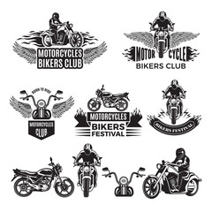 Wall Mural - Emblems or logo designs for club of bikers. Illustrations of custom motorcycles and choppers