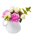 Pink And White Bunch Of Flowers, White Vase Of Little Flowers Isolated On White Background
