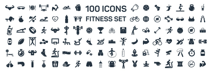 fitness and sport 100 isolated icons set on white background