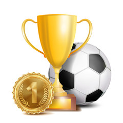 Poster - Football Award Vector. Sport Banner Background. Ball, Gold Winner Trophy Cup, Golden 1st Place Medal. Soccer Ball. 3D Realistic Isolated Illustration