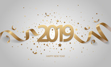 Happy New Year 2019. Golden Numbers With Ribbons And Confetti On A White Background.
