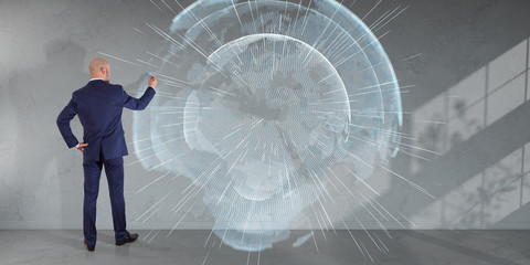 Poster - Businessman using digital planet earth interface on a wall 3D rendering