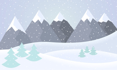 Wall Mural - Vector flat design illustration of a snowy winter mountain landscape with hills, coniferous trees and snowflakes on a winter day under a gray sky