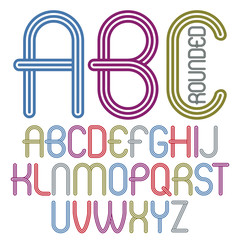 Poster - Set of disco vector upper case English alphabet letters, abc isolated. Funky rounded font, typescript for use in logo design. Made with geometric parallel triple lines.
