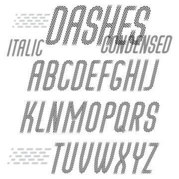 Vector capital condensed modern alphabet letters set. Rounded italic retro font, typescript for use in logo design, book. Made with parallel dashed lines.
