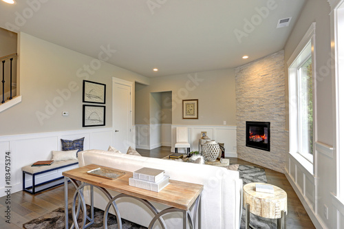 Luxury Living Room Features Corner Stone Fireplace Buy This