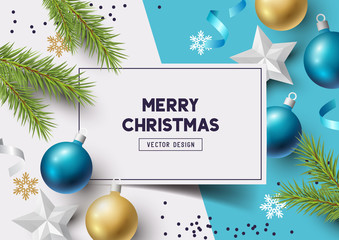 christmas composition with fir branches, christmas baubles and snowflakes on a colorful abstract bac