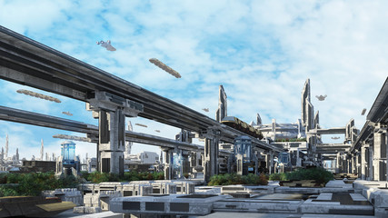 Wall Mural - 3d rendering scifi fantasy concept cityscape and transport in the future