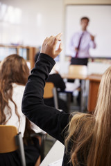 Wall Mural - Female Student Raising Hand To Ask Question In Classroom