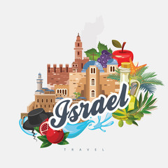 Israel vector banner with jewish landmarks. Travel poster in flat design