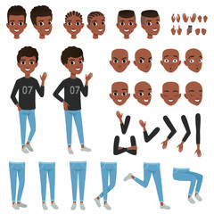 Wall Mural - Teenager character constructor. Black boy s separate parts of body, different face expressions and haircuts. Isolated flat vector design