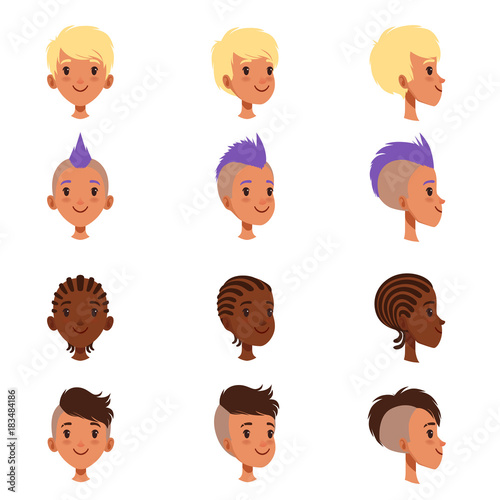 Set Of Vector Boys Head Faces With Different Hairstyles