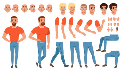 Wall Mural - Creation set of young man, constructor for animation. Full length character. Body parts, face emotions, haircuts and hand gestures. Isolated flat vector