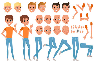 Wall Mural - Teenager boy character constructor. Set of various male emotion faces, hairstyles, hands, gestures and legs. Flat design vector illustration