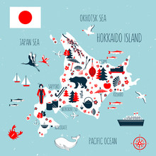 Japan Cartoon Travel Map Vector Illustration, Hokkaido Island, Japanese Symbols Blossom Sakura, Cranes, Decorative Umbrella, Kimono, Traditional Food Sushi, Bamboo, Flag For Design Tourism Advertising