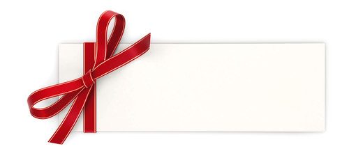 Wall Mural - Gift card with red ribbon bow isolated on white background