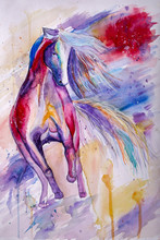 Beautiful Colorful Horse Painted In Watercolor On A White Canvas
