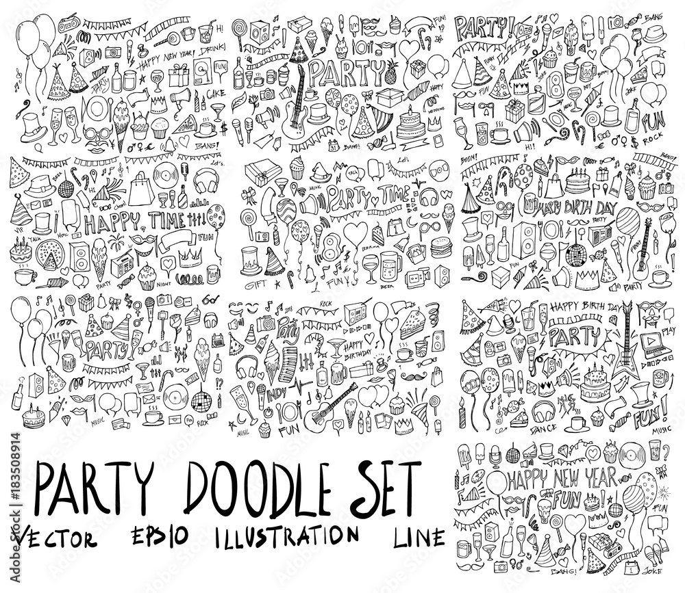 Set of Party illustration Hand drawn doodle Sketch line vector eps10 - obrazy, fototapety, plakaty 