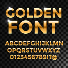 Golden Glossy Vector Font Or Gold Alphabet. Yellow Metal Typeface. Metallic Golden Abc, Alphabet Typographic Luxury Illustration For Your Web Design.
