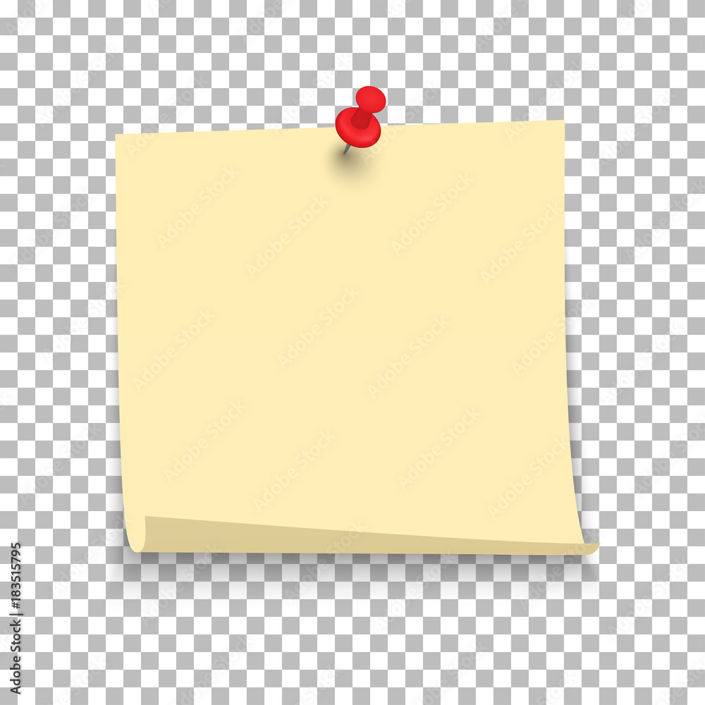 Yellow sheet of note paper with push pin on a transparent background. Vector illustration - obrazy, fototapety, plakaty 