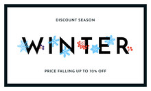 Winter Sale Discount Season Banner Or Poster Design Template. Vector Winter Holiday Sale Discount Shopping Text For Price Off Reduce Falling In Frame On White Snow And Snowflakes Background